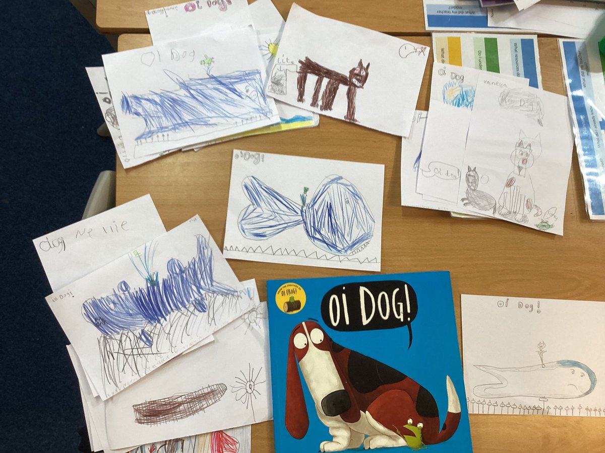 In book club, the Rowans have been reading one of their favourite 5 stories, ‘Oi Dog!’ Today they drew their favourite part of the story. Can you guess what their favourite parts are? #ReadingForPleasure