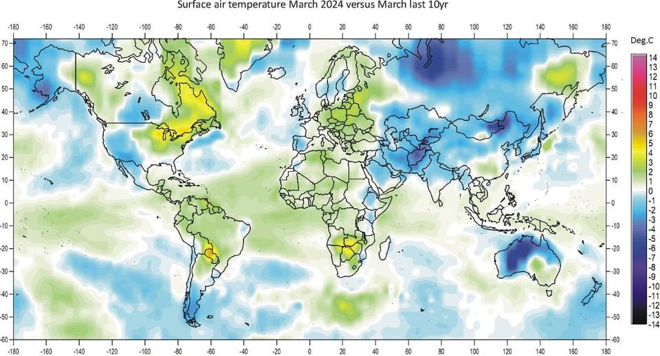 Ole Humlum: Global surface air temperature March 2024 compared to the average of March during the previous 10 years and 2023 using satellite data by AIRS v6 (airs.jpl.nasa.gov), obtained from the GISS data portal (data.giss.nasa.gov/gistemp/). See more on