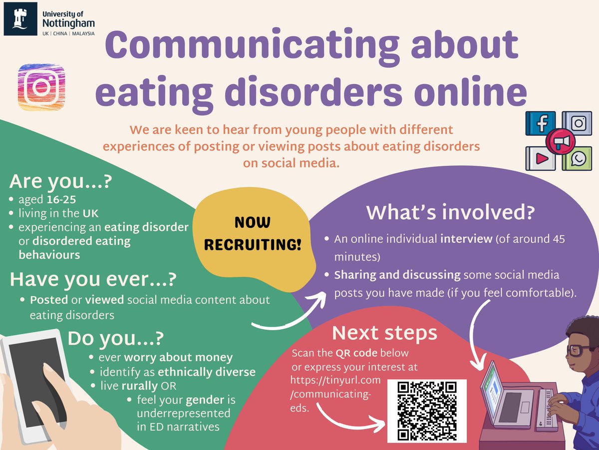 We are still interviewing @EDIFYresearch ! If you post or view posts about experiences of disordered eating online, please think about participating in our research. Please share @FirstStepsED @beatED @YoungMindsUK @StudentMindsOrg @InstituteMH @CaraLisette