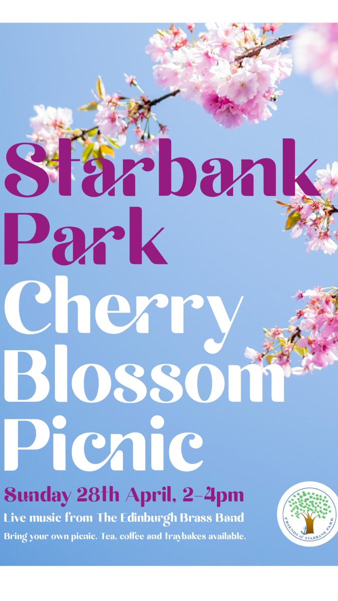 StarbankPark's tweet image. Not long now to our Cherry Blossom Picnic. A wonderful time to enjoy the Cherry Blossom @StarbankPark. We are also looking forward to welcoming back the Edinburgh Brass Band. Pack your picnic and enjoy the park. 2-4 this Sunday 28th April 2024. 
#cherryblossom2024 #Hanami #picnic