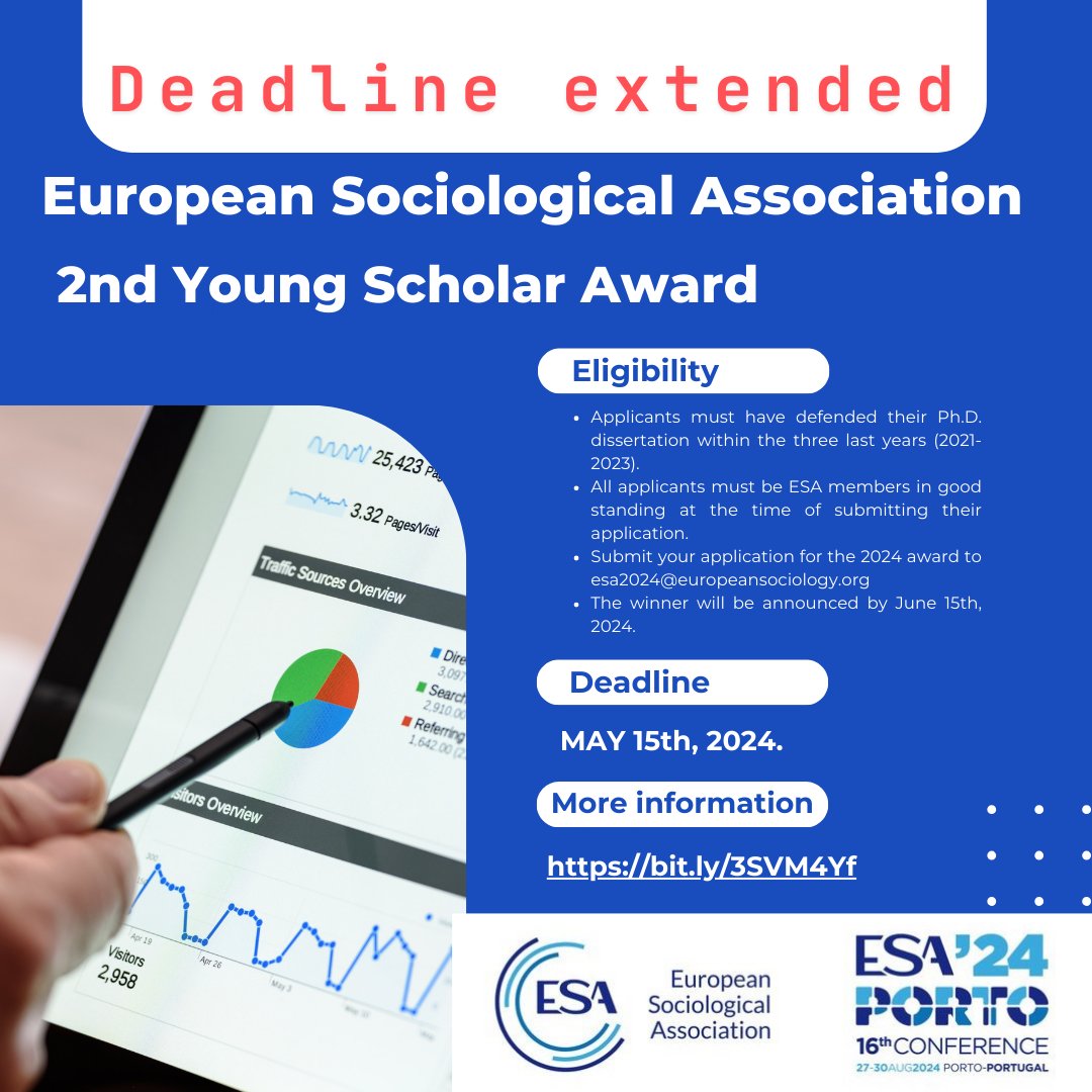 📢 The European Sociological Association announces the deadline extension for the 2nd Young Scholar Award. We invite recent Ph.D. graduates (2021-2023) to submit outstanding papers. 📅 NEW Deadline: MAY 15, 2024. ℹ️ bit.ly/3SVM4Yf #ESAPorto24 #ESA2024