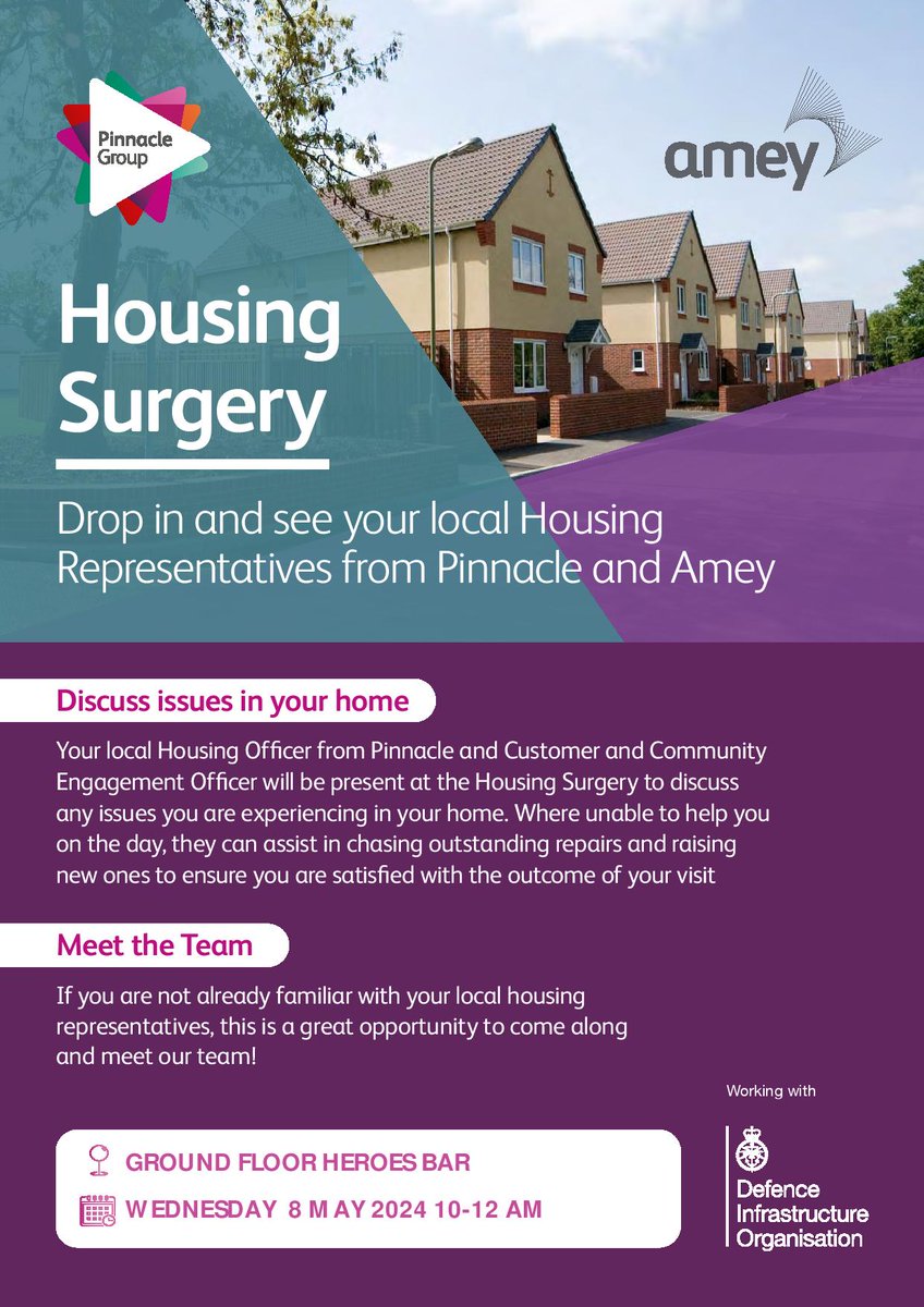 RAF Coningsby Housing Surgery
Wed 18 May 24
Heroes Bar
1000 - 1200 hrs

Pop along and discuss your housing issues with representatives from Pinnacle and Amey

@RAFHIVE