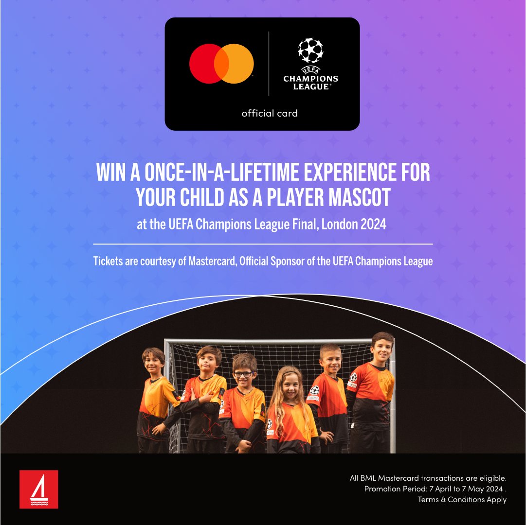 Win a trip to watch the UEFA Champions League final in London! 🇬🇧 This time, pay with your BML issued Mastercard and stand to win a once-in-a-lifetime opportunity for your little plus one to be a player mascot, thanks to Mastercard. ⚽ Click for T&Cs: bankofmaldives.com.mv/personal/cards…