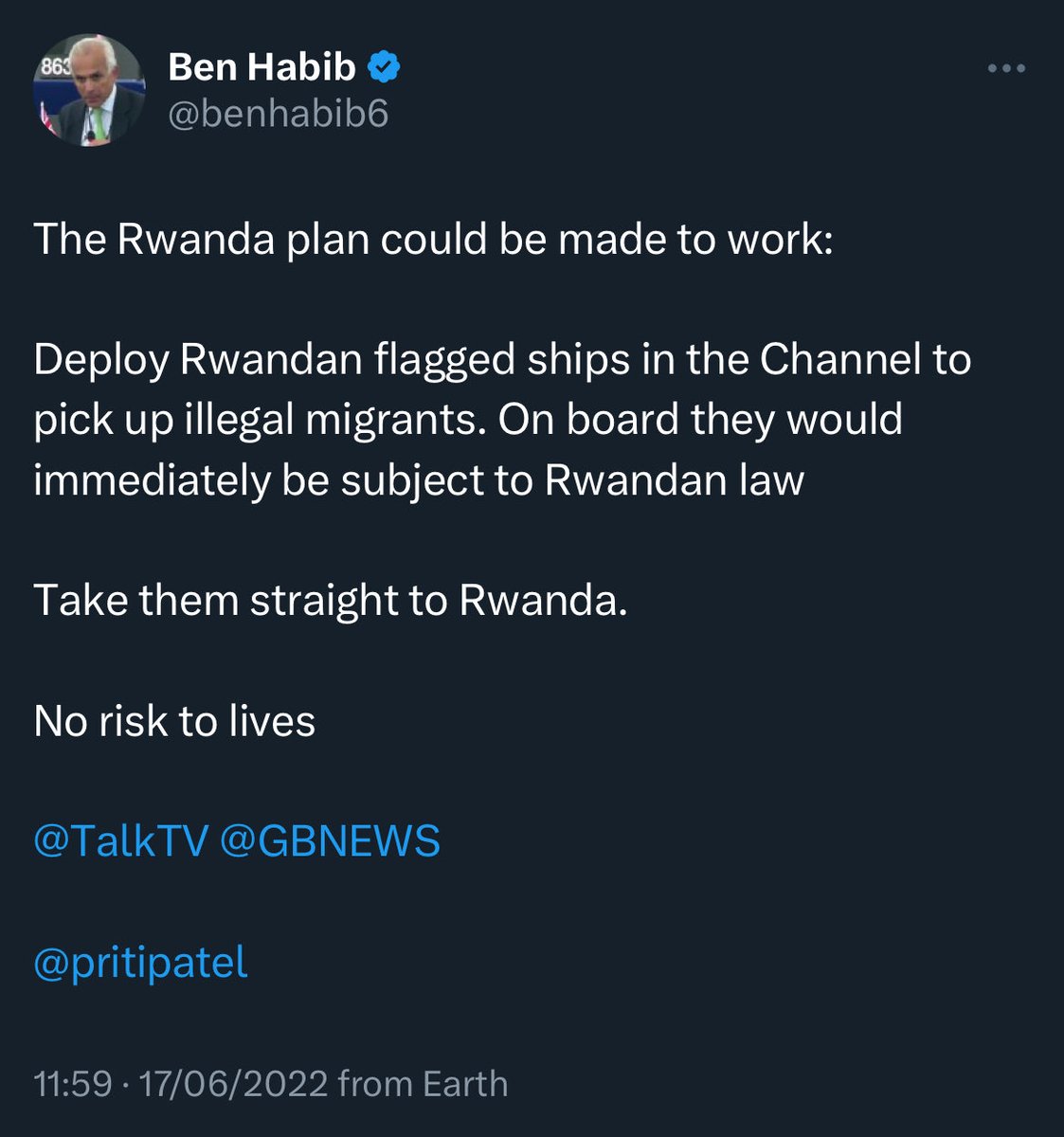 @JuliaHB1 This is the guy who suggested Rwandan flagged ships (a landlocked country), pick people up in the channel (under Rwandan law apparently) and take them to Rwanda. Where to even begin 🤦‍♂️