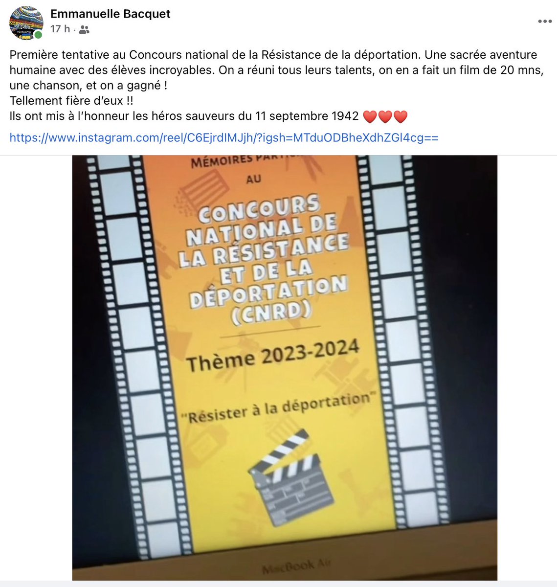 Bravo à @Emma162109 d'avoir amené ses élèves au CNRD (Concours national de la Résistance et de la Déportation) avec enthousiasme et détermination ! Une désignation comme lauréat à hauteur d'un engagement quotidien dans la mémoire de la rafle et du sauvetage du 11 septembre 1942.