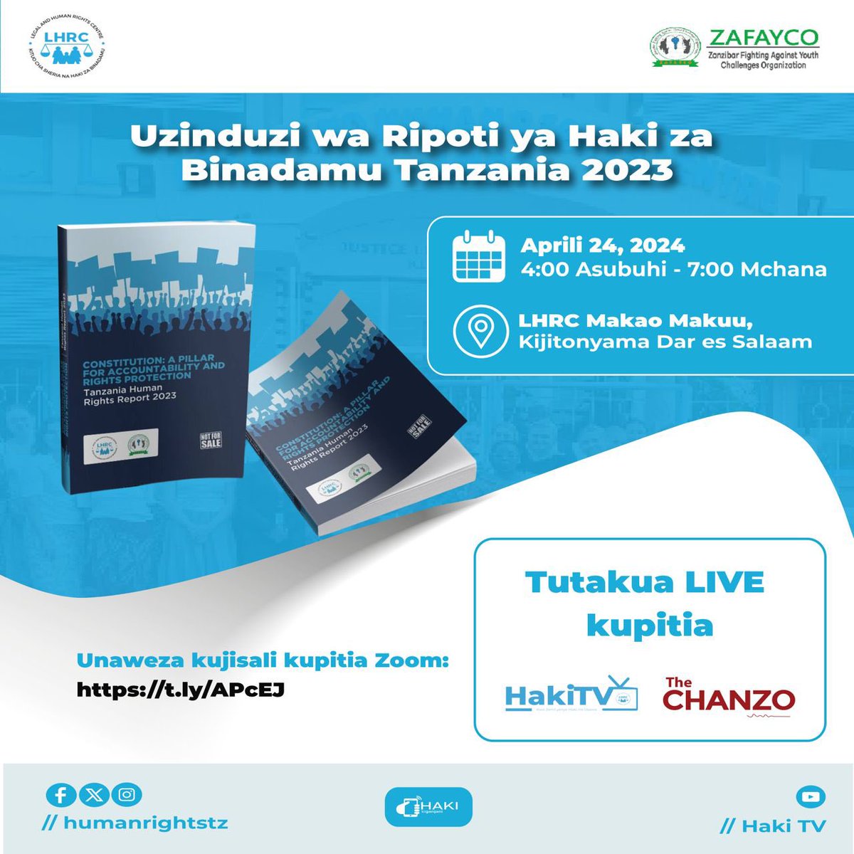 Jiunge nasi tarehe 24/4/2024 kuanzia saa nne asubuhi mpaka saa saba mchana kwa uzinduzi wa Ripoti ya Haki za Binadamu ya mwaka 2023. Jiandikishe kupitia Zoom kupitia link hii: t.ly/APcEJ #THRR2023 #RipotiYaHaki2023 #HumanRightsReport2023