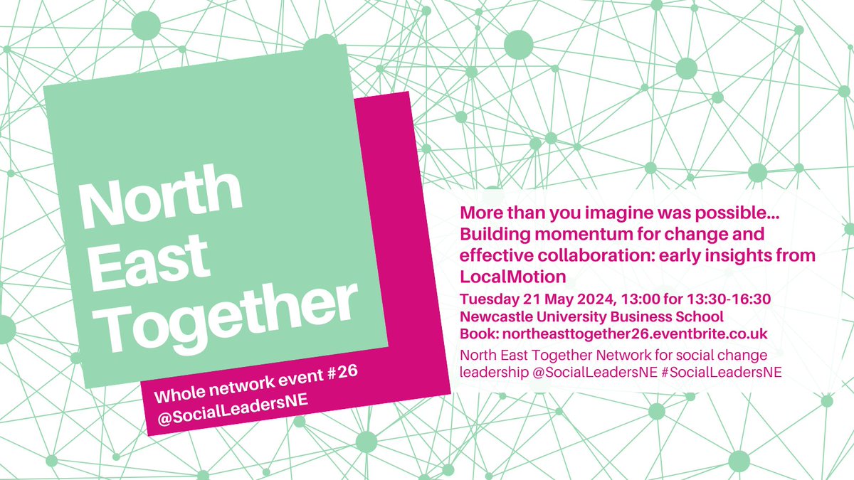North East Together event 26: More than you imagine is possible...building momentum for change and effective collaboration: learning from Middlesbrough LocalMotion
Tuesday 21 May 2024, 13:00-13:30-16:30, Newcastle University Business School
Book your place northeasttogether26.eventbrite.co.uk