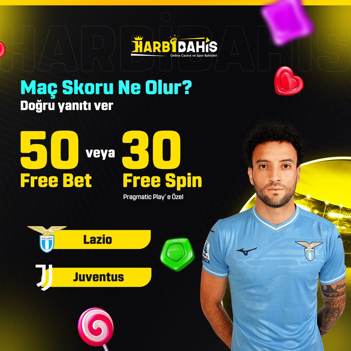 🏆 Günün Etkinliği #Harbibahis'te! 

 ⚽️ #Lazio  🆚 #Juventus
✅  Karşılaşmanın skorunu tahmin et,  
🎁5️⃣0️⃣ TL Freebet veya 3️⃣0️⃣ Freespin Kazan! 

🔰 Bizi takip et, RT yap ve 3 ark. etiketle Formu Doldur 

📲 FORM LİNKİ ; cutt.ly/cw54aJD4
🔗  harbibahis475.com