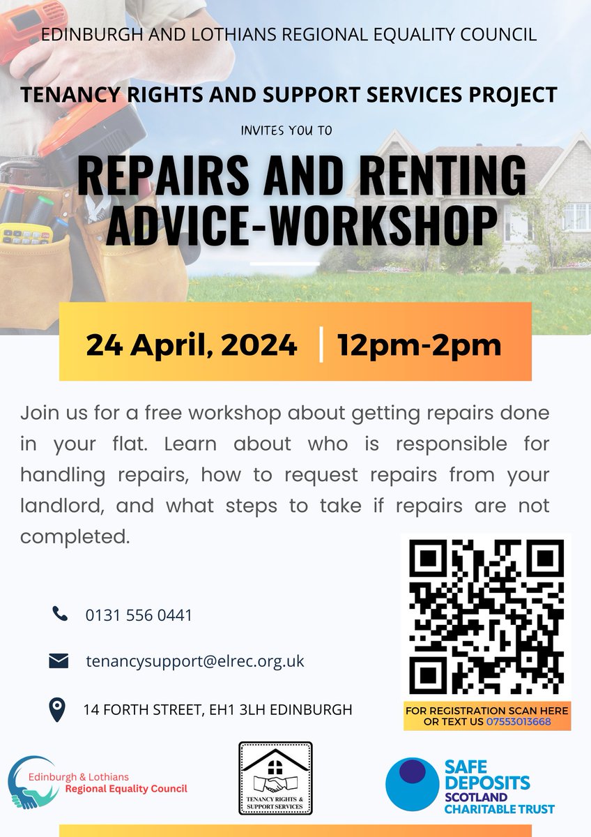 Join us to empower yourself with knowledge about your rights as a tenant. 📅 Date: Wednesday, April 24th ⏰ Time: 12:00-14:00 📍 Address: 14 Forth Street, Edinburgh EH1 3LH Walk in 🚶‍♂️ on the day or register via the QR code. Don't miss out #RepairsWorkshop #TenantRights