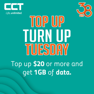 Top up Turn Up Tuesday!🥂 Top Up $20 or more today, and receive 1GB bonus data.

#CCTLifeUnlimited #lifeunlimited #cctbvi #BVILove #cctiswe #topup #turnup #38YearsOfCCT