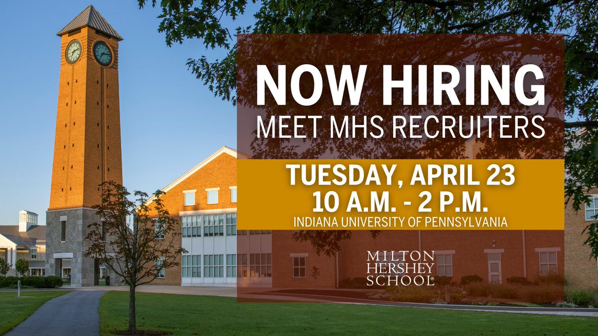 Are you a student @IUPedu? Meet Milton Hershey School recruiters on Tuesday, April 23, in the Hadley Union Building for an Education Professional Day Career Fair. Learn more about a career at MHS: bit.ly/2ovTfJc #HersheyJobs