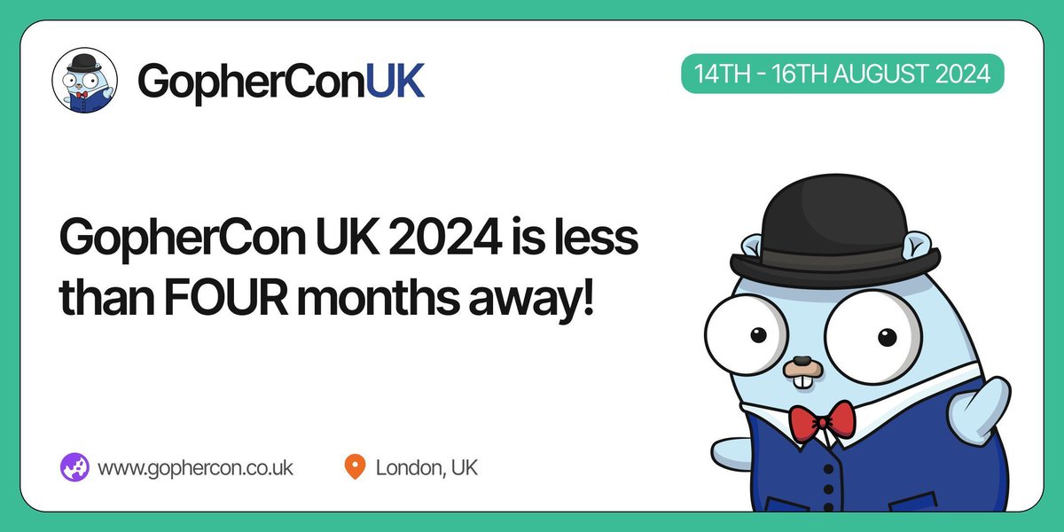 gopherconuk's tweet photo. Less than 4 months to go until #gopherconuk24.
Have you already brought your tickets to the UK's exclusive Go conference?
Early-bird tickets are still available, grab yours today! - https://t.co/7Qa92izWkS
#golang #goprogramming #godevelopers #gopherconuk https://t.co/Cm9QkCmS0m