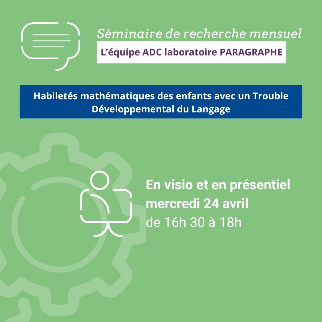 "Habiletés #mathématiques des #enfants avec un #TroubleDéveloppemental du #Langage" : séminaire de #recherche qui se tiendra ce mercredi 📌24 avril de 16h 30 à 18h.
Invitée : Anne Lafay - Maîtresse de Conférences. Pour s'inscrire 👉 inspe.ac-versailles.fr/agenda/habilet…
#cy_univ
#bu_cyu