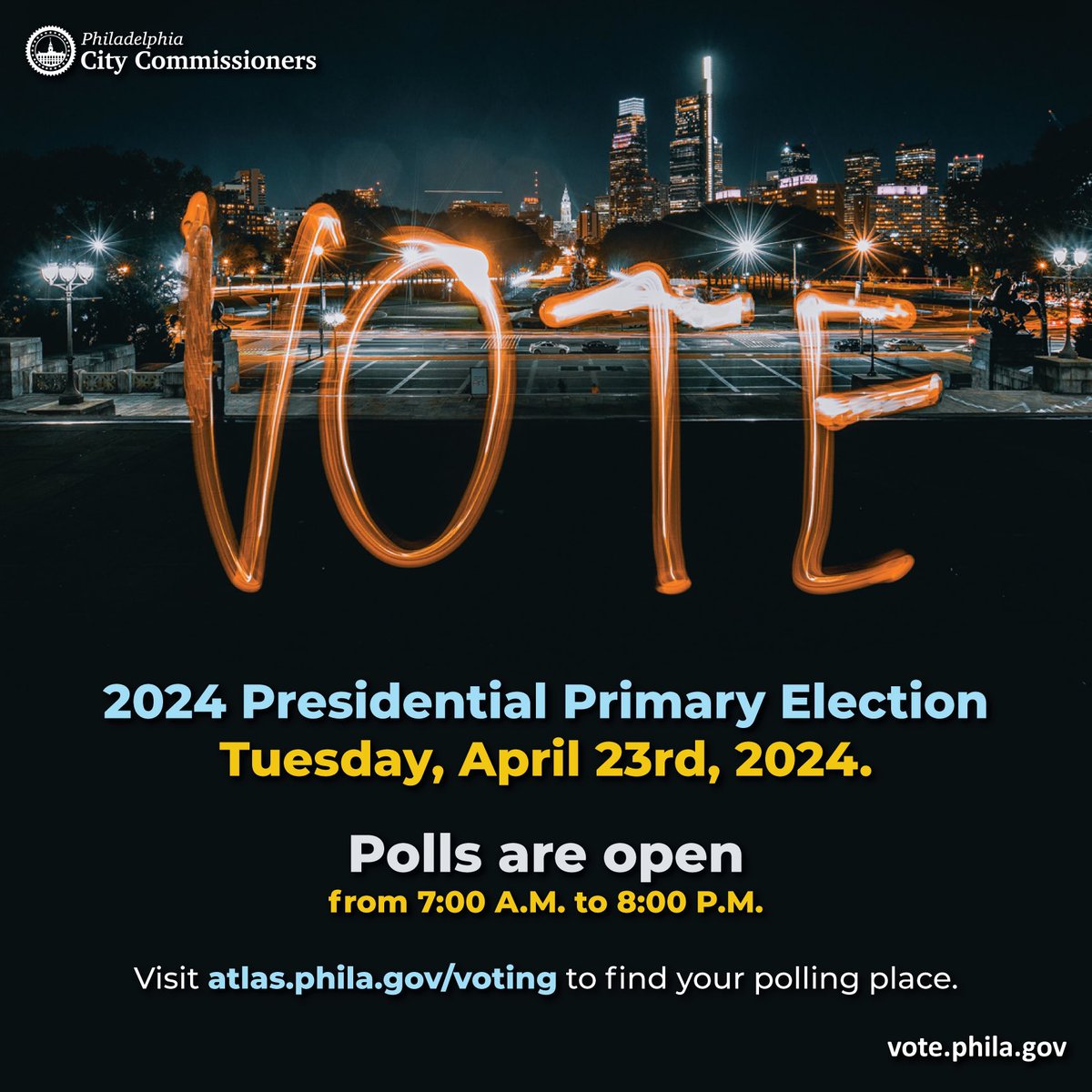 📢 It’s Election Day Philly, and POLLS ARE OPEN! 📢 Polls are open from 7:00 A.M. to 8:00 P.M. today. Visit atlas.phila.gov/voting to find your polling place. If you still have your mail ballot, make sure you bring it to a drop box by 8:00 P.M. #PhillyVotes