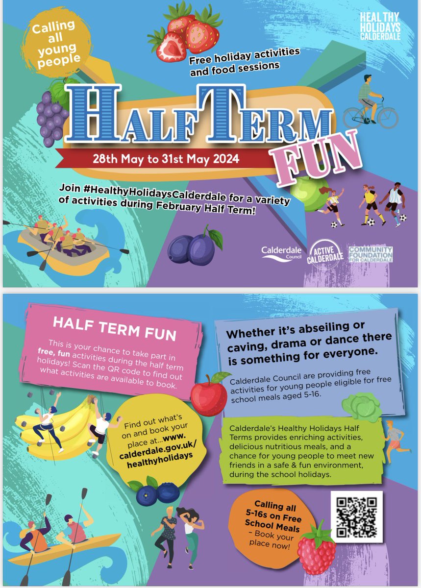 💥HALF TERM FUN💥 Places are now available to book for holiday schemes during May Half Term, book here: healthyholidays.calderdale.gov.uk Places are FREE to children eligible for benefits related free school meals. #healthyholidayscalderdale #HAF2024
