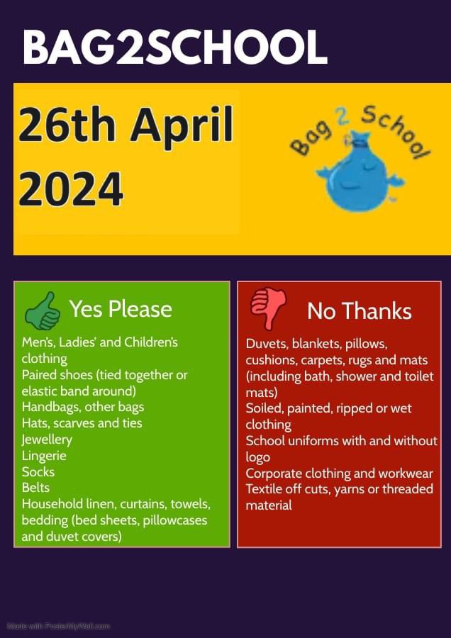 BrooklandsPta's tweet photo. Reminder that this Friday the 26th of April is our Bag2School event👕👕👕

A good chance to have a clear out and also raise funds for the school.

Please bring bags to the front of school by the flagpole this Friday morning before 9.15am. @brooklands_sale https://t.co/2Xkevnu2Y2