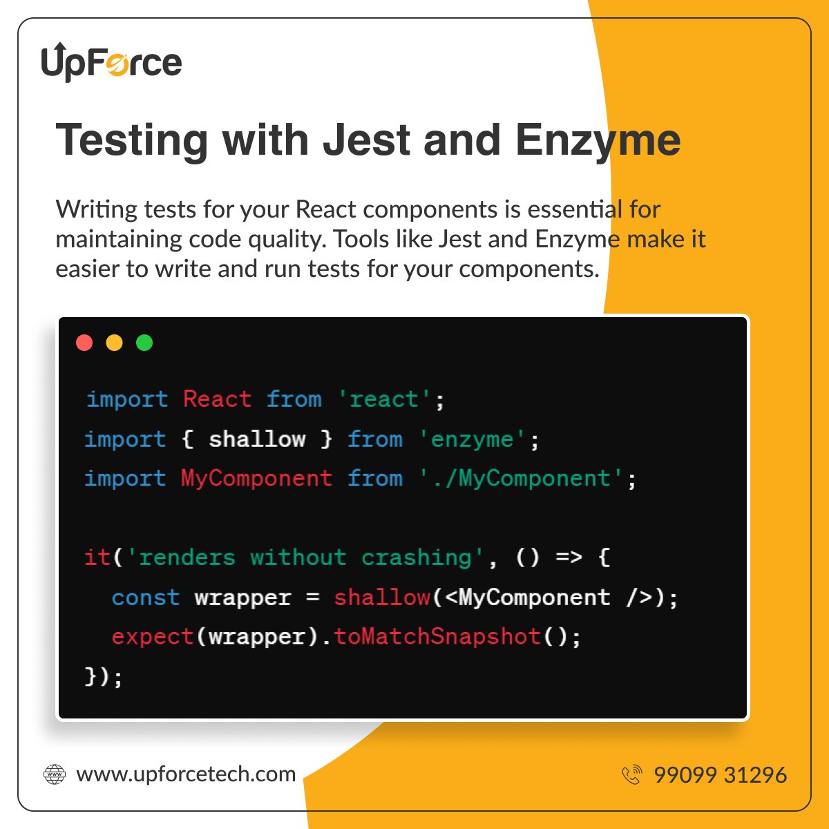 UpforceT60125's tweet image. Level up your React game with Jest and Enzyme! 🚀 Testing your components ensures rock-solid code quality. Dive into the world of unit testing and streamline your development process! #ReactTesting #Jest #Enzyme #CodeQuality