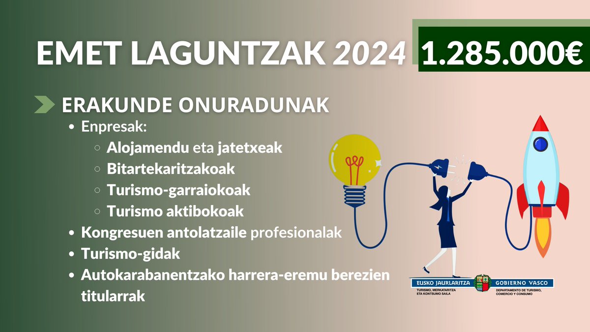 ✅ Onartuta Sailak sustatutako ekintzailetzarako eta #turismo-enpresen lehiakortasuna hobetzeko (EMET) 2024 laguntzak.

💶 Esleitutako aurrekontua: 1.285.000 €

➕ irekia.eus/irekia/54M