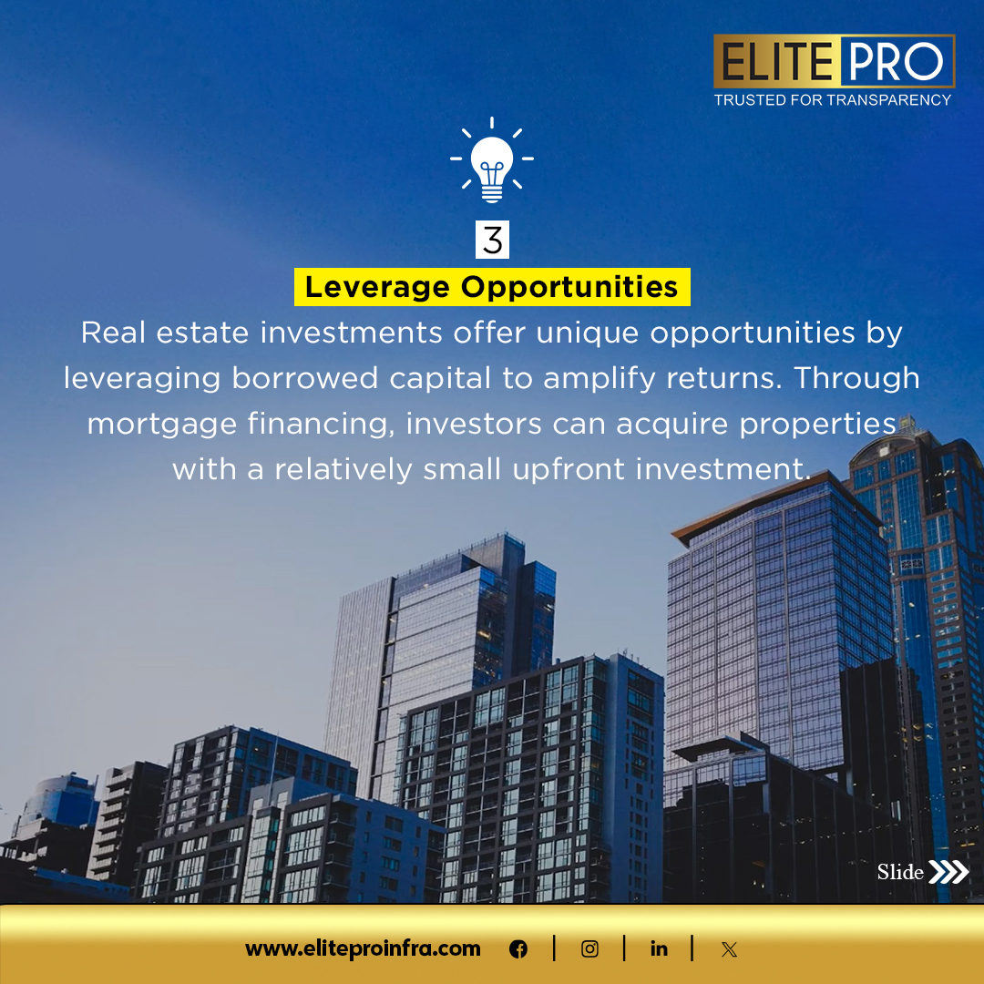 #RealEstate offers a myriad of advantages that make it a compelling investment option, especially in the current economic landscape. So slide through some reasons why real estate trumps gold as an investment choice. 

#thinkrealtythinkelitepro #EliteProInfra