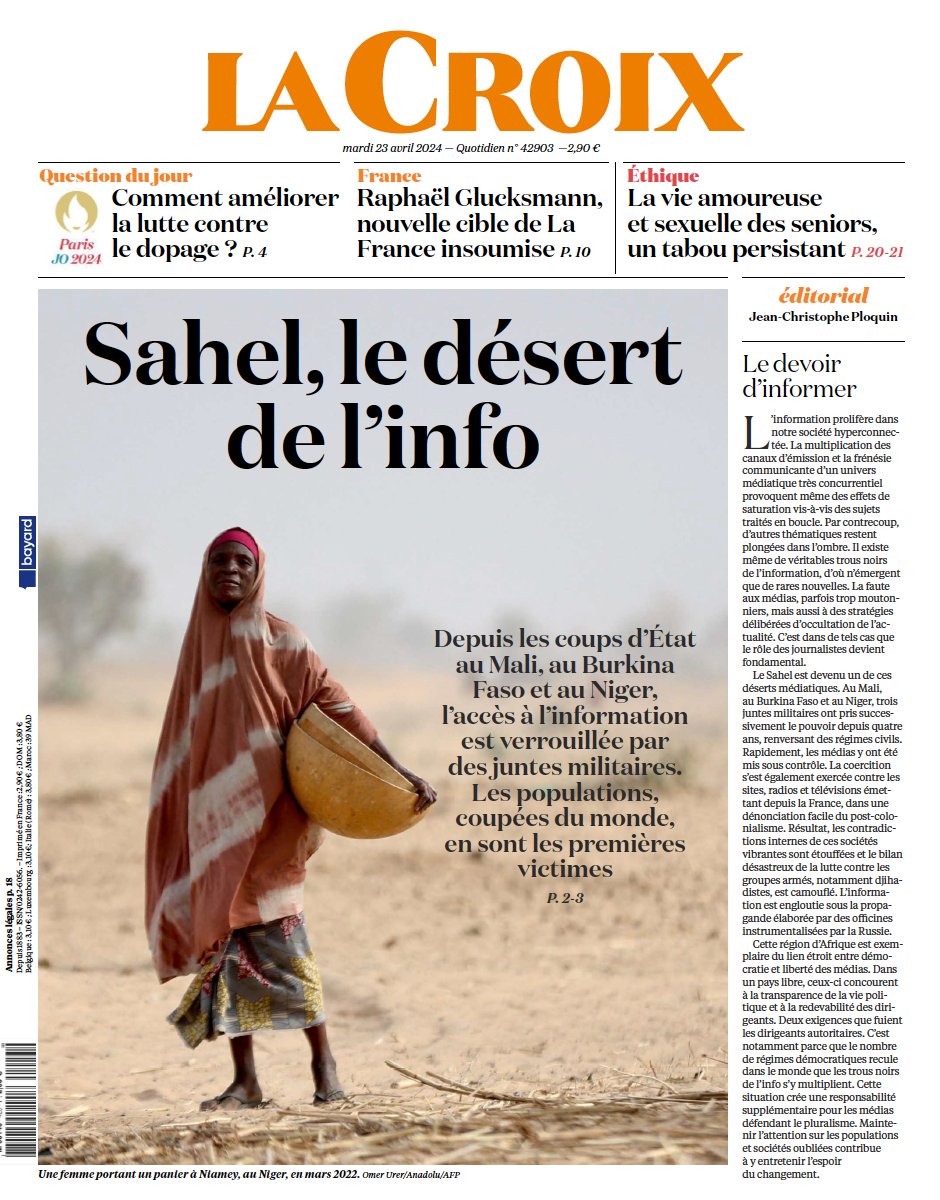 Sophie_Douce's tweet photo. Ce mardi dans le journal @LaCroix, le #Sahel, désert informationnel. Villages coupés du monde, opposants réprimés, médias interdits... Loin des caméras et de la propagande des juntes, les violences se multiplient en silence. Tenter de les documenter est devenu risqué. https://t.co/9MXseLahte