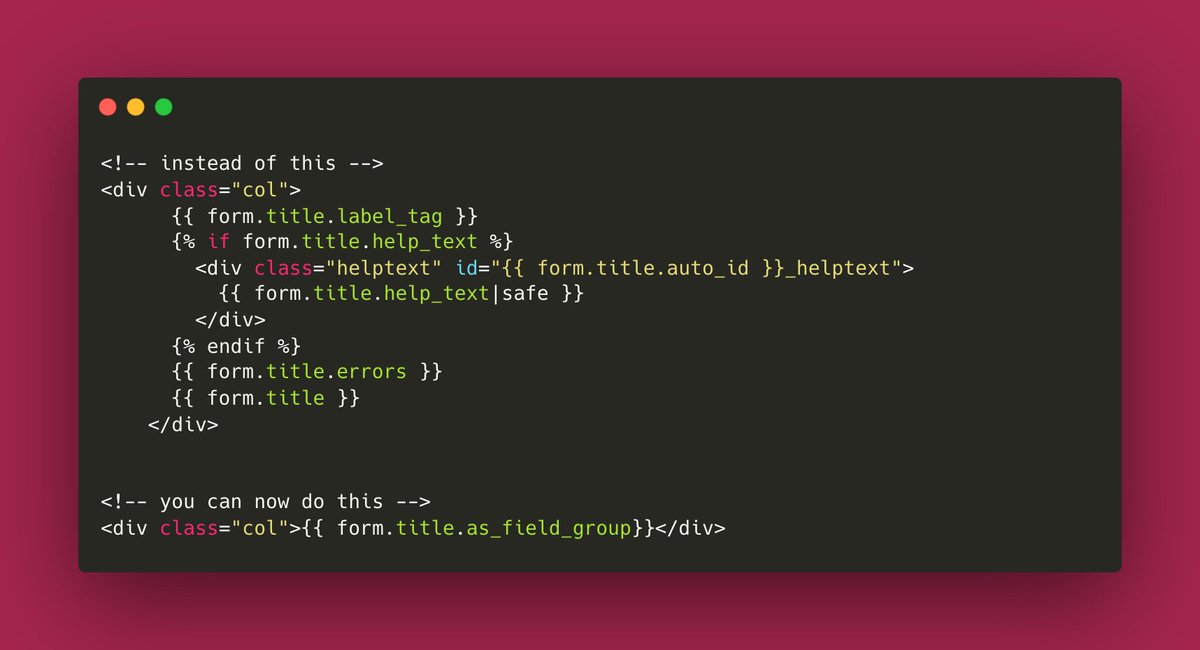 Django tip: Since Django 5.0, you can use 'form_field.as_field_group' to render all the related elements of a Django form field.