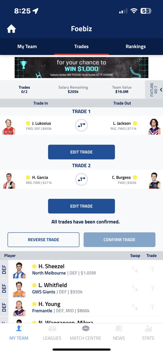 dfoedj's tweet photo. Trade options

Do I go Jackson and burgess to Lukosius and Garcia

Or m crouch instead of burgess and upgrade to a Uber premium In midfield?

@ballboysfantasy @lukerogo17 @AFL_FF @aflfantasyfans https://t.co/n2fz5Ti4Kg