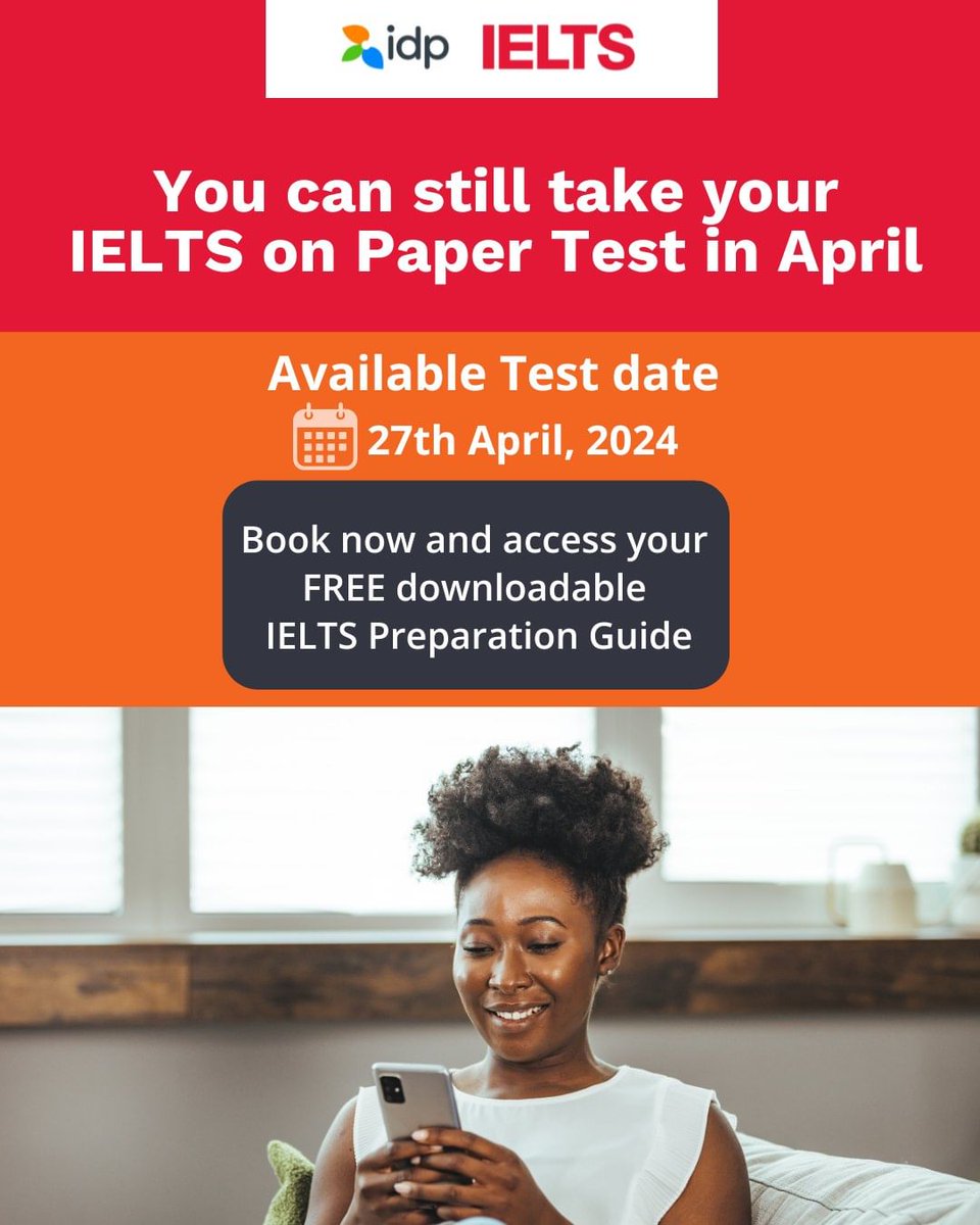 📌There's a spot for you if you still want to take your IELTS test this month. Book and take your IELTS on Paper with IDP on the 27th of April.

Book Now: ielts.idp.com/ghana/test-dat…

Link in bio!
.
.
#ielts #IDP #ieltsexam #ieltstips