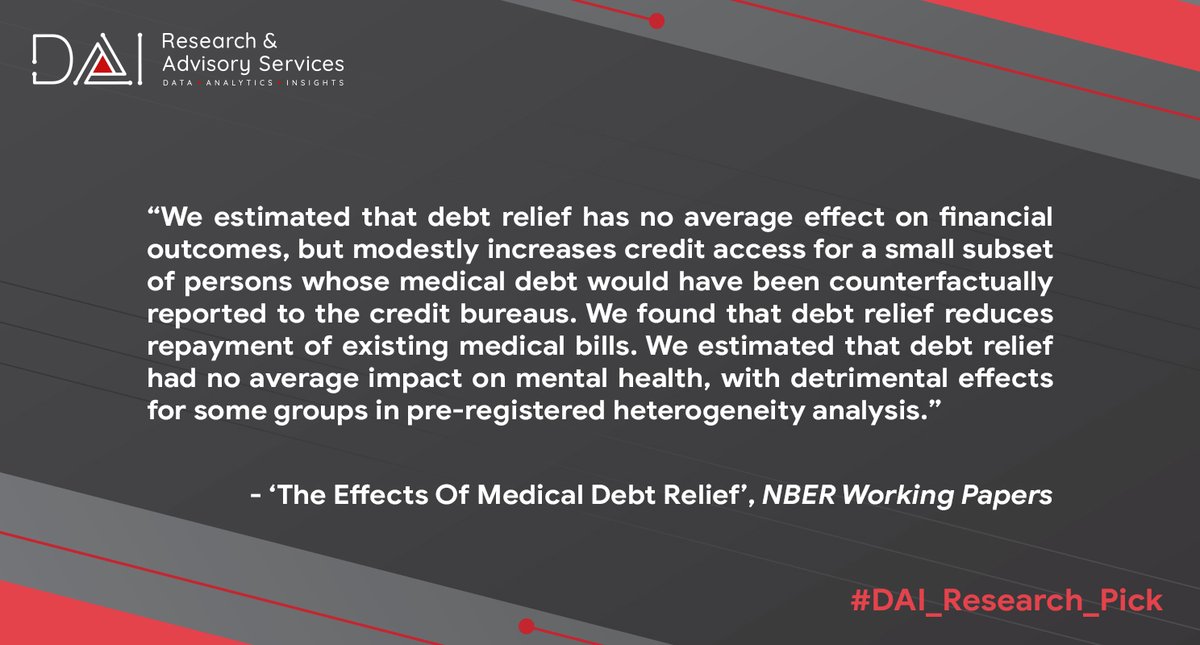 🏥 #DAI_Research_Pick A paper that studies the impact of medical debt relief on financial outcomes, health, and healthcare utilization using two randomised experiments shows interesting outcomes. 🔎 Read the full paper at nber.org/papers/w32315 #DataAnalytics #Healthcare #RCT