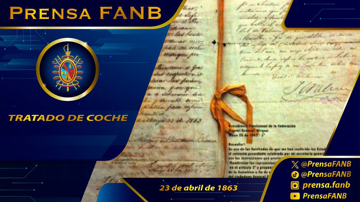 🗓️ #23Abr || Hace 161 años se ratificó el Tratado de Coche, que marcó un momento histórico en la historia de Venezuela. Este acuerdo, firmado entre los gobiernos del legendario Mariscal Juan Crisóstomo Falcón y el renombrado General José Antonio Páez, puso fin formalmente a la…