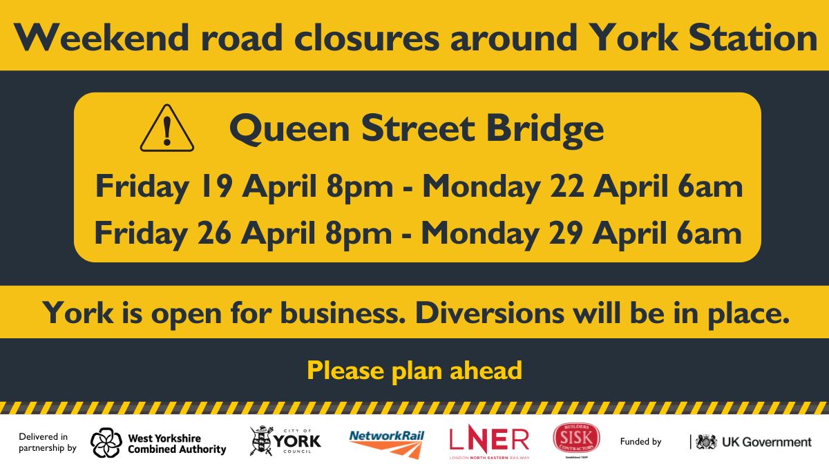 Please note that Queen Street Bridge will be closed from 8pm to 6am between April 26-29 due to enhancements at York Station. York Station and local businesses remain accessible, with alternative routes clearly signposted. Read more at loom.ly/zrHE6SU