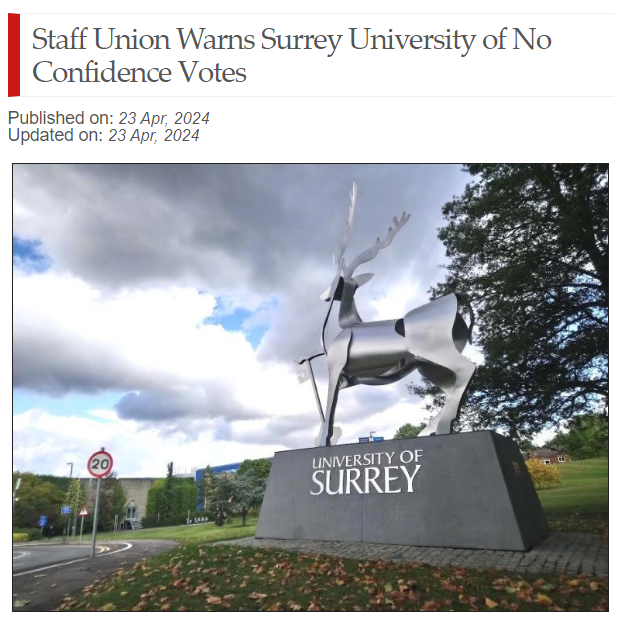 Staff Union Warns @UniOfSurrey of No Confidence Votes 👇 ''The new survey echoed results of a survey held in 2019'' guildford-dragon.com/staff-union-wa… @UCUSURREY @UCU @uniofsurreyVC @guildforddragon @SaveSurreySLL @unis_unison @DrJoGrady @timeshighered @GdnUniversities @em_daltonn