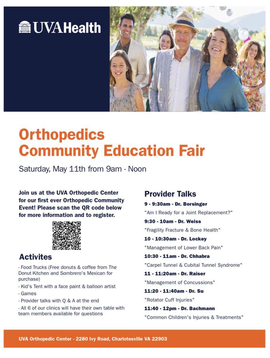 Mark your calendars for our May 11th Orthopedics Community Education Fair at UVA Health’s beautiful Orthopedic Center at Ivy Road - a great line up of information and activities!