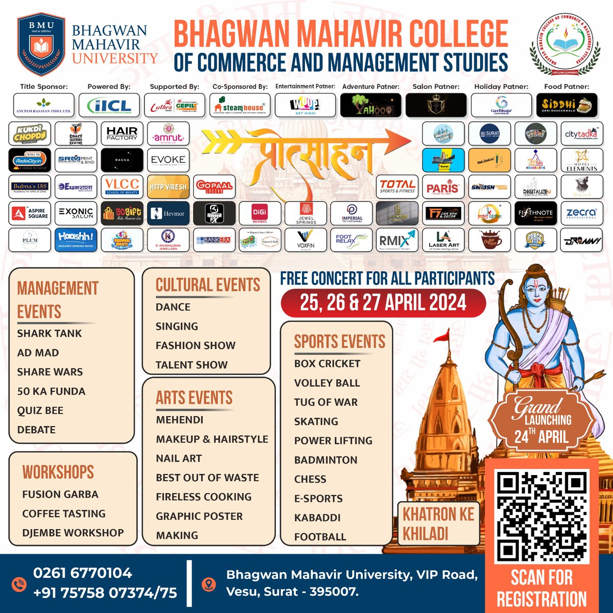 bmusurat's tweet image. Experience the best of Bhagwan Mahavir University!  Free concerts, management events, cultural showcases, sports competitions, and enriching workshops await on 25th-27th April.

#Concerts #learning #culturalshow #sportscompetition #workshops #managementevent #surat
