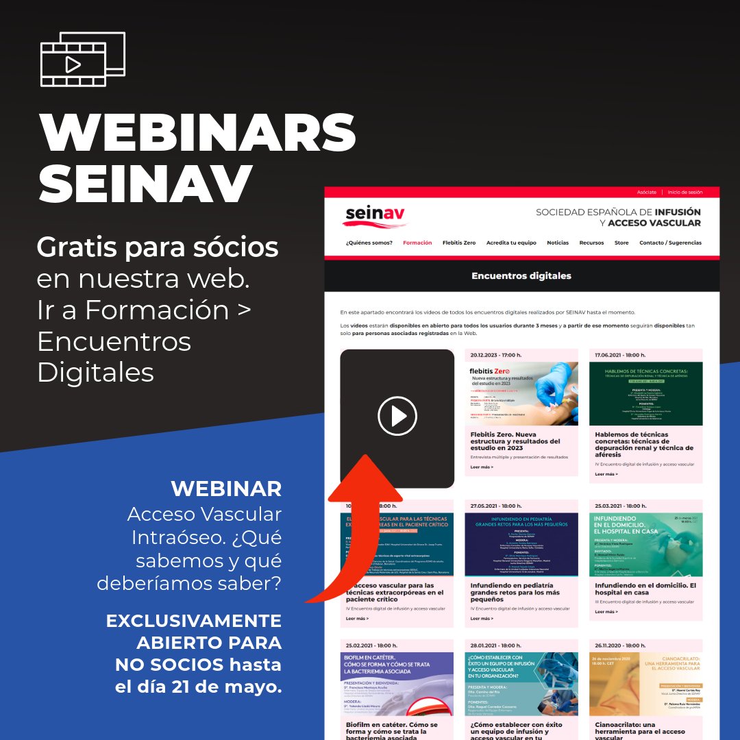 Ofrecemos webinars gratuitos para nuestros socios. Son más de 15 vídeos con los últimos temas de interés en infusiones y accesos vasculares. El último de ellos está disponible GRATUITAMENTE PARA NO SOCIOS hasta el día 21 de mayo. Descúbrelo en: seinav.org/encuentros-dig…