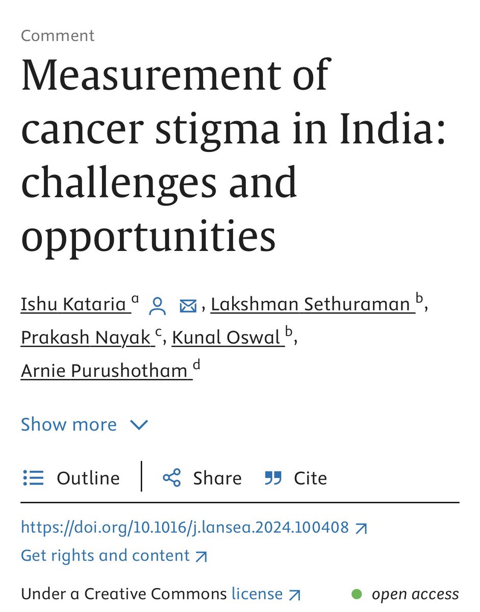 Our new piece talks about challenges and opportunities for measurement of #Cancer stigma in #India. We advocate for creating a robust validated tool to measure stigma for targeted & strategic health investments at the national level. Read here: sciencedirect.com/science/articl…