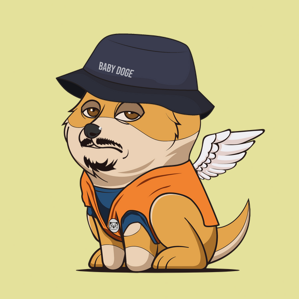 A baby doge NFT with a yellow background, angel fur, anime clothing, goatee mouth, sleepy eyes, and a bucket hat headwear. It dreamed of flying through the clouds with its angelic fur and anime outfit, while its goatee mouth and bucket hat kept it cozy and stylish.