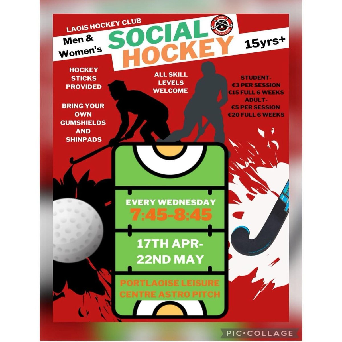 Social Hockey with Laois Hockey Club is back for Week 2 tomorrow evening When: 7:45 - 8:45pm, 17th April - 22nd May Where: Portlaoise Leisure Centre (Astro Pitches) Cost: FREE No previous playing experience is necessary For more information contact Laois Hockey Club