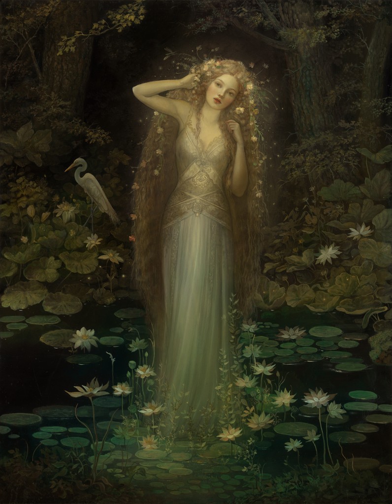 'Whispers from the Watery Grove' (14x18 inches, oils on wooden panel). My portrait of an Undine, which is an aquatic being from European folklore.  This piece will be on display at Haven Gallery for my solo show next month🌿⁠
⁠