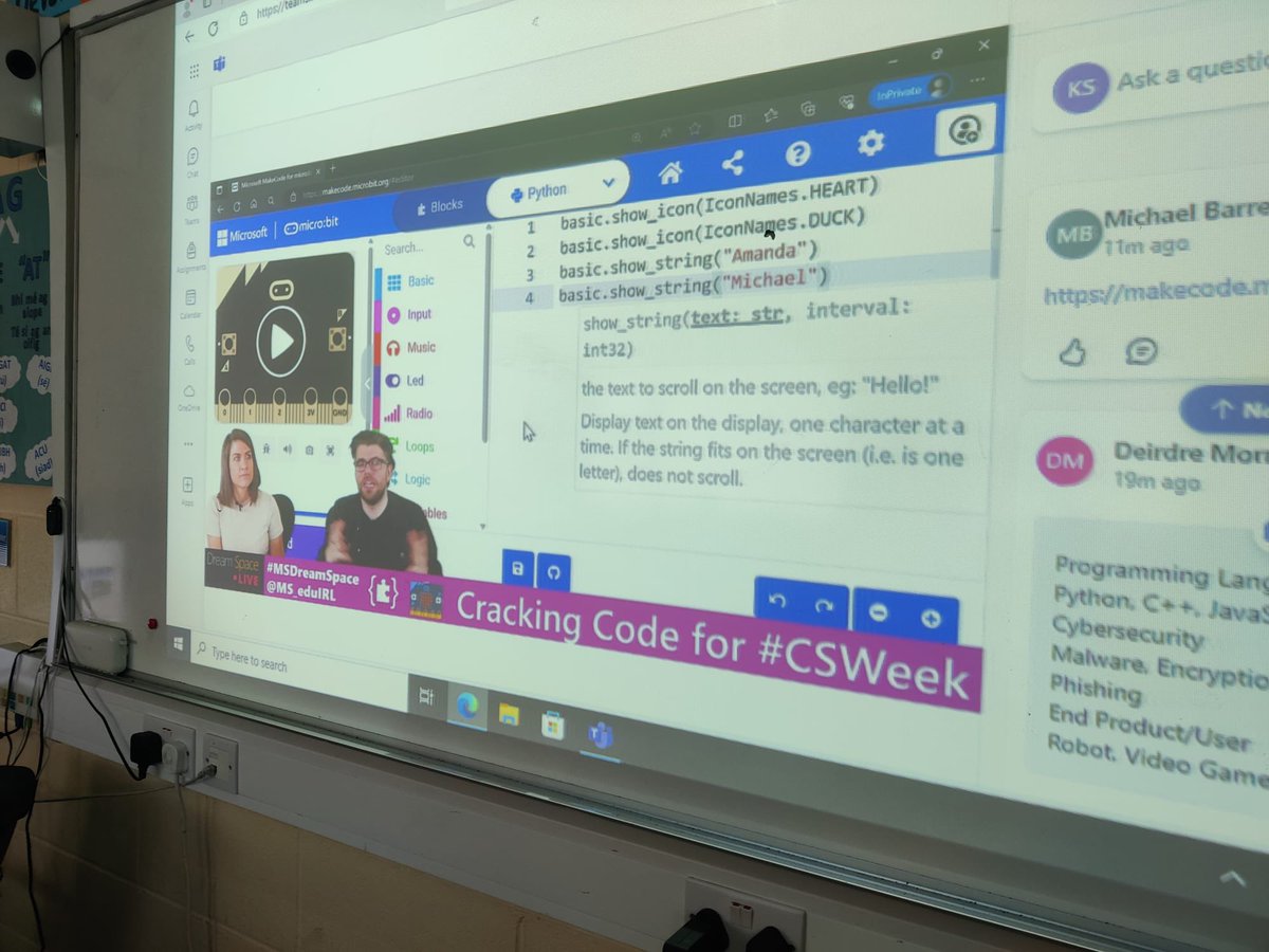 For Computer Science week our 1Bs learned about careers in computers and got to do some coding using Python with microbits in Dream space Live event today. Great to build on skills learned from our TY Dreamspace ambassadors this year. @ms_eduIRL #MSDreamSpace#CSWeek