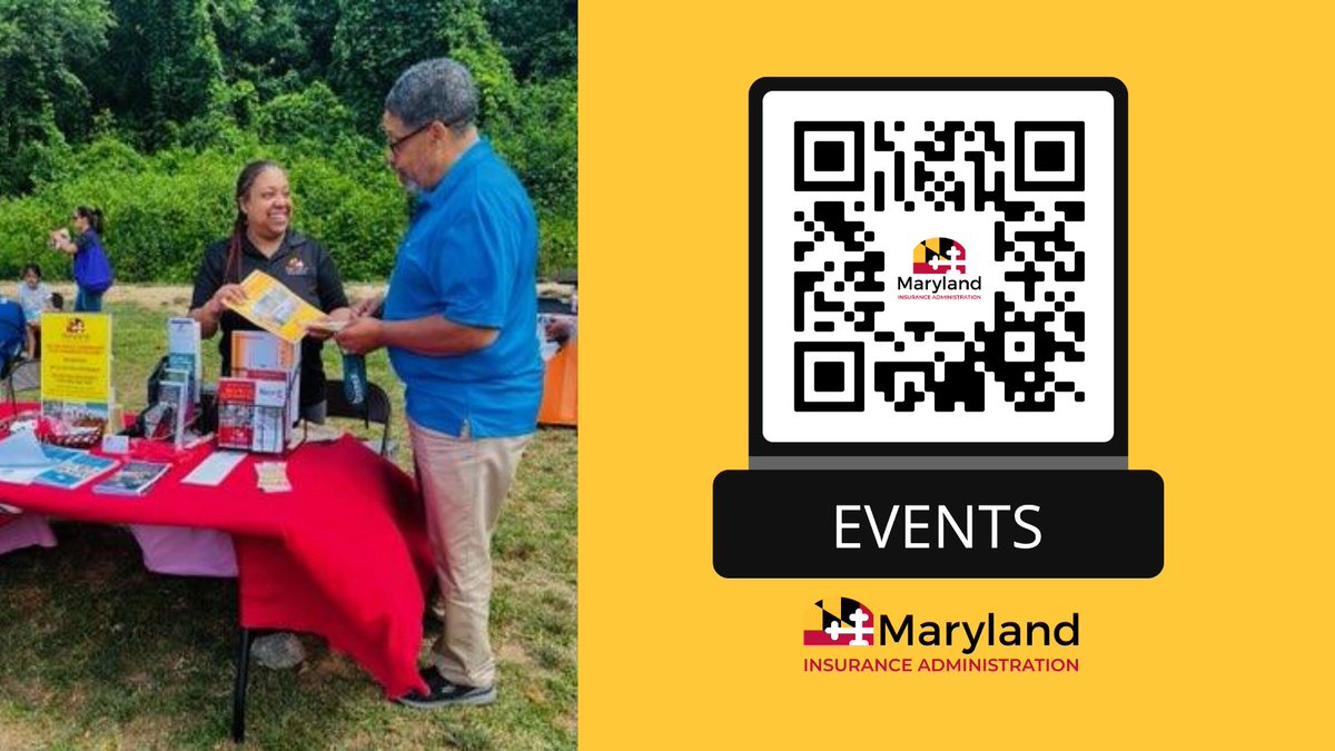 We're indoors and outdoors in your communities ready to answer your insurance-related questions! Join us online or in-person - or give us a call at 1-800-492-6116. Visit our calendar of #events here: insurance.maryland.gov/Pages/events.a… or scan the QR code #MDinsurance #InsuranceMatters