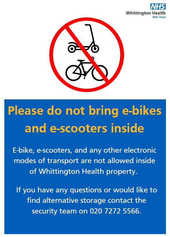 WhitHealthLibrary (@whithealthlib) on Twitter photo Dear Colleagues and Students,
Please be reminded that storing or charging e-bikes and e-scooters within Whittington Health Properties, including the library, is not permitted. For any inquiries, kindly reach out to security.
<a href="/WhitHealth/">Whittington Health NHS Trust</a> @CI_NHS <a href="/NHS_NCLICB/">NHS North Central London</a> <a href="/UCLMS/">UCL Medical School</a> <a href="/MiddlesexUni/">Middlesex University</a> Dear Colleagues and Students,
Please be reminded that storing or charging e-bikes and e-scooters within Whittington Health Properties, including the library, is not permitted. For any inquiries, kindly reach out to security.
<a href="/WhitHealth/">Whittington Health NHS Trust</a> @CI_NHS <a href="/NHS_NCLICB/">NHS North Central London</a> <a href="/UCLMS/">UCL Medical School</a> <a href="/MiddlesexUni/">Middlesex University</a>