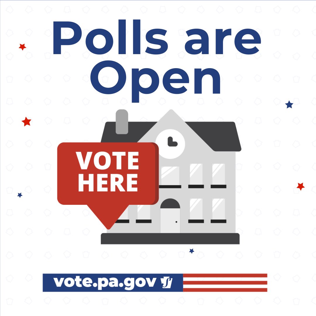 It's #ElectionDay in Pennsylvania. Polls are open from 7 a.m. to 8 p.m. Remember, if you are in line by 8 p.m., you can vote. 🗳️ Voting in person? Find your polling place: vote.pa.gov/polls ✉️ Need to return your completed mail ballot? Find a drop-off location:…