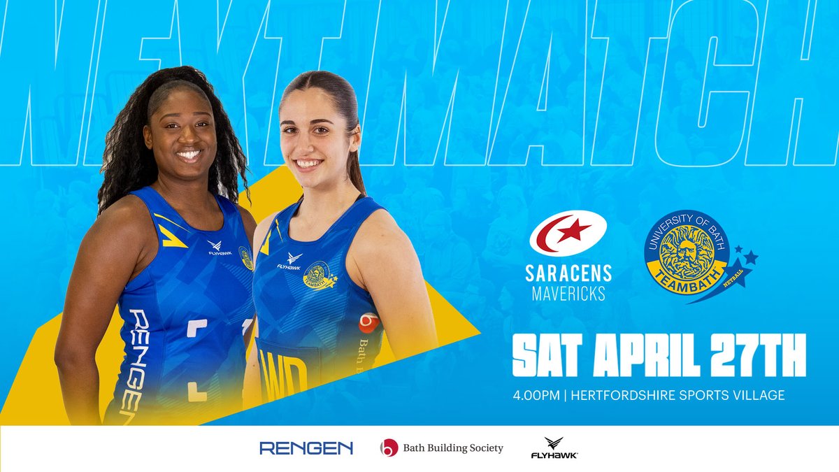 Round 11 of #NSL2024 will see the #BlueAndGold squad travel to Hertfordshire to face @SaracensMavs in a mid-afternoon showdown 💙💛

🗓️ Saturday 27th April
⏰ 4pm FCP
📍 Hertfordshire Sports Village

@NetballSL #Netball #ForwardsAndFearless #TeamBath #NextMatch