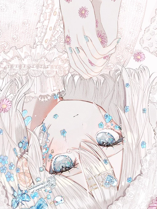 #私の作品もっと沢山の人に広がれ祭り花言葉をモチーフに白髪少女の子たちを描いております!テディベア大好きなのでくまちゃんモチーフも取り入れております!!よければタップしてご覧下さい!!!! 