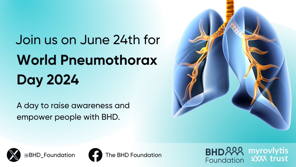RARE Revolution Magazine (@rarerevolutionm) on Twitter photo Every year on June 24th, we raise awareness of BHD and the rare causes of collapsed lung on #WorldPneumothoraxDay.
Join us in June to help us spread awareness and empower people with BHD. Keep an eye on our website for updates: thebhdfoundation.org <a href="/BHD_Foundation/">BHD Foundation</a> Every year on June 24th, we raise awareness of BHD and the rare causes of collapsed lung on #WorldPneumothoraxDay.
Join us in June to help us spread awareness and empower people with BHD. Keep an eye on our website for updates: thebhdfoundation.org <a href="/BHD_Foundation/">BHD Foundation</a>