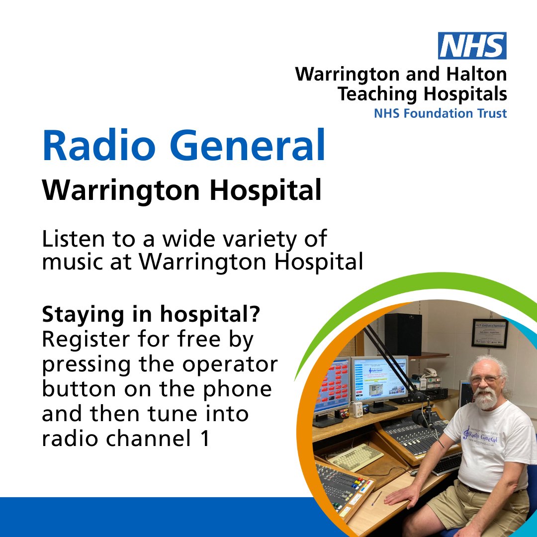 Patients at Warrington Hospital can enjoy our hospital radio, Radio General, via Hospedia on channel 1 or online at ow.ly/mAVt50RjFAh 🎵 For more information on Radio General and to find out how to requests songs visit 🔽 ow.ly/8Ap550RjFAi