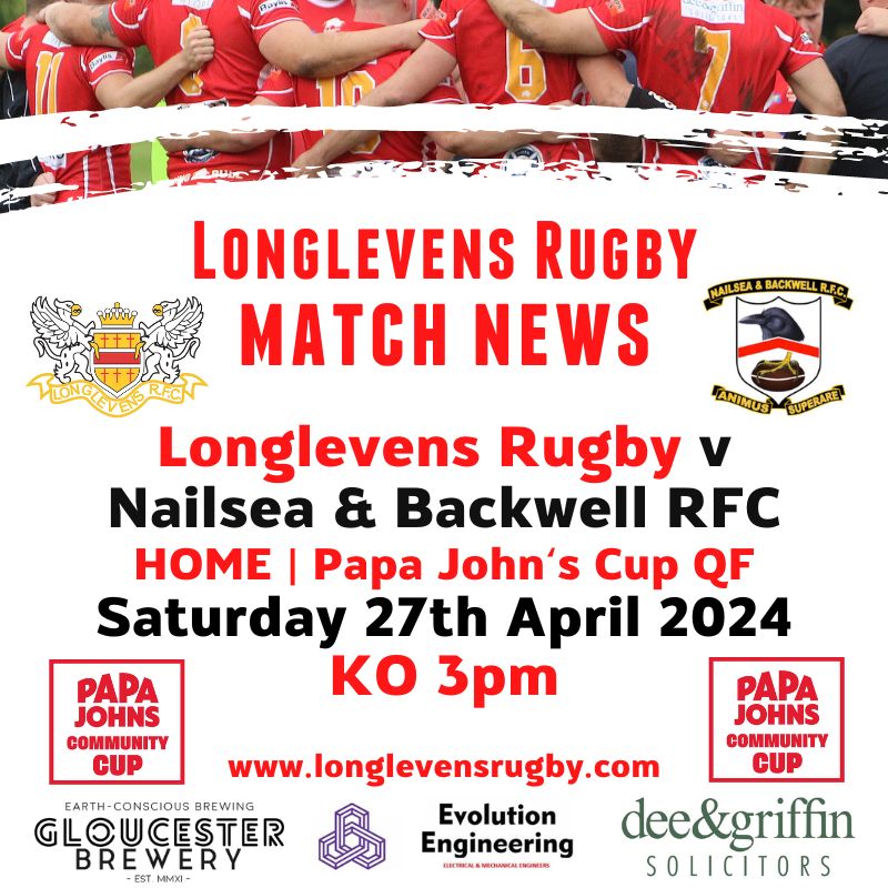 🏉 MATCH NEWS 🏉 Join us at Longford Lane this Saturday as Longlevens Rugby take on Nailsea & Backwell RFC in the quarter-final of the Papa John's Cup. Kick off 3pm. 💪 #UpTheGriffins @deacs3