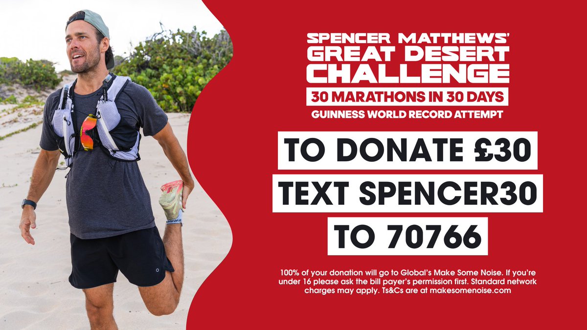 In an official @GWR attempt, 'Big Fish' & 'Spencer & Vogue' host @SpencerMatthews is undertaking the challenge of a lifetime this summer as he takes on 30 marathons in 30 days through the Jordanian desert for @MakeNoise. Full release here: bit.ly/4b4hfbo