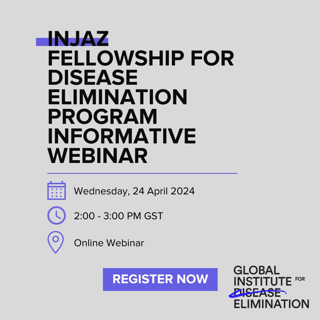 Happening tomorrow! Our second Injaz Fellowship for Disease Elimination Program Webinar! Join us for a deep dive into the program and guidelines. 🔗 Register ➡️ ow.ly/AxM050RjB7E 🔗 Learn More and Apply ➡️ ow.ly/90MW50RjB7F #DiseaseElimination #InjazFellowship