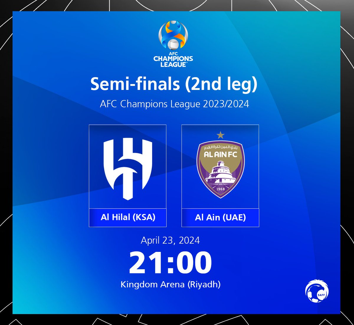 🇸🇦 𝗔𝗹 𝗛𝗶𝗹𝗮𝗹 (2) 🆚 (4) Al Ain 🇦🇪 Best of luck to @Alhilal_EN in tonight's AFC Champions League semi-final decider 🌏🏆 #ACL